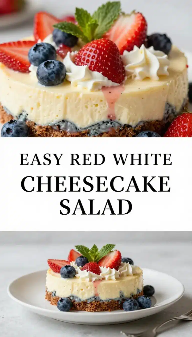 Red White and Blue Cheesecake Salad 5 A bowl of Red White and Blue Cheesecake Salad featuring strawberries, blueberries, and creamy cheesecake filling.