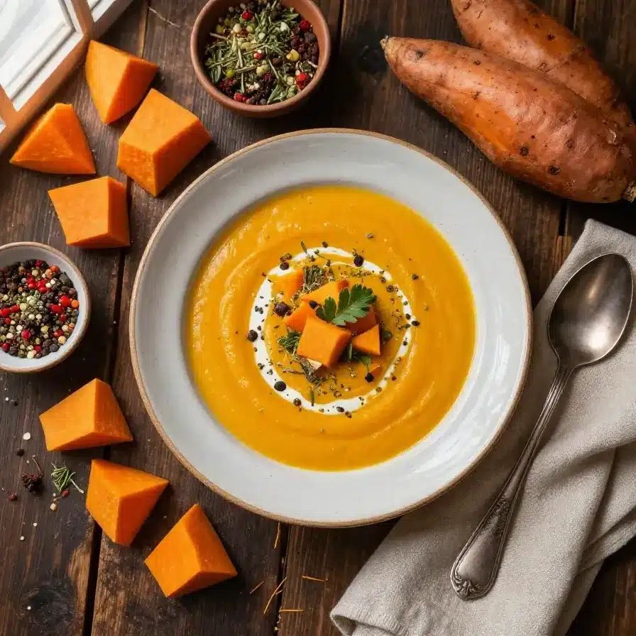 A bowl of creamy pumpkin and sweet potato soup garnished with fresh herbs and pumpkin seeds.
