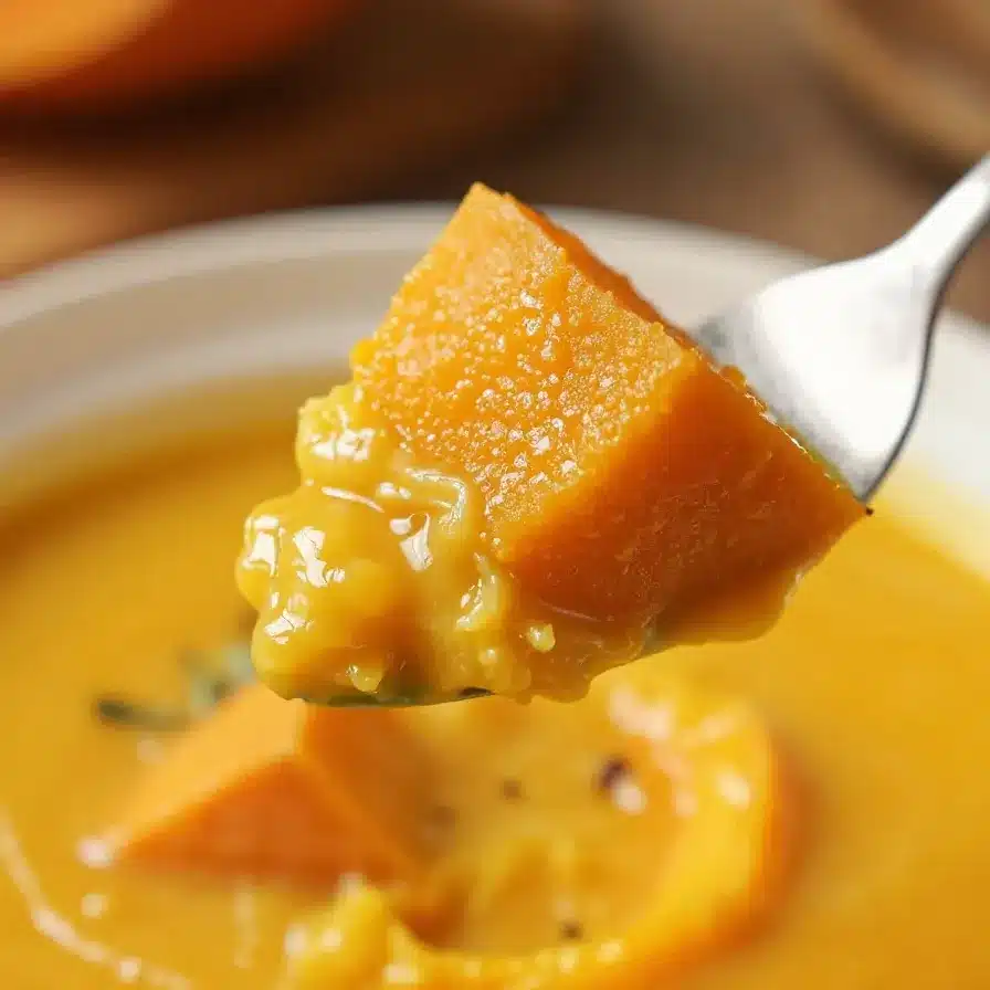 A bowl of creamy pumpkin and sweet potato soup garnished with fresh herbs and pumpkin seeds.