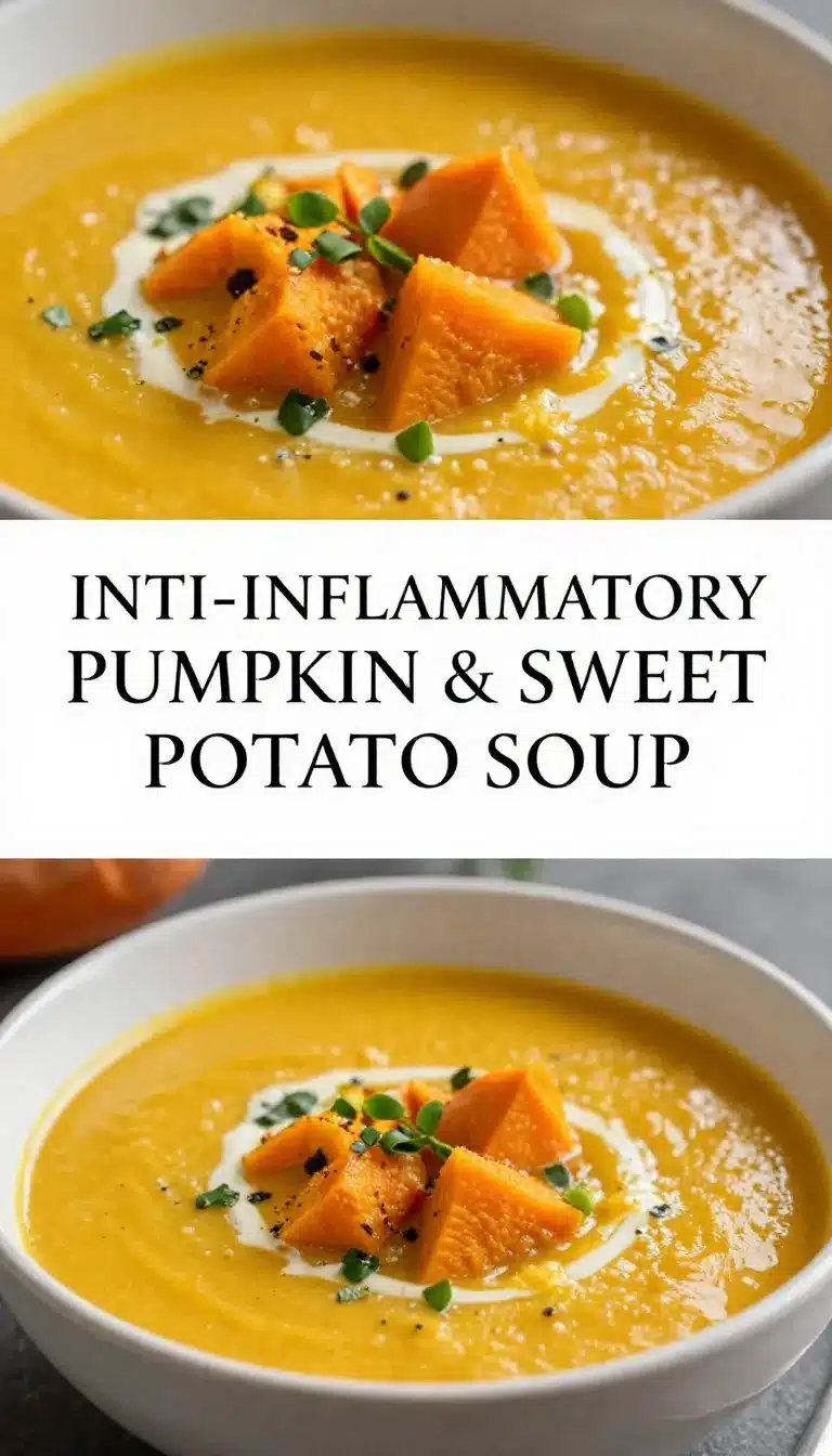 A bowl of creamy pumpkin and sweet potato soup garnished with fresh herbs and pumpkin seeds.