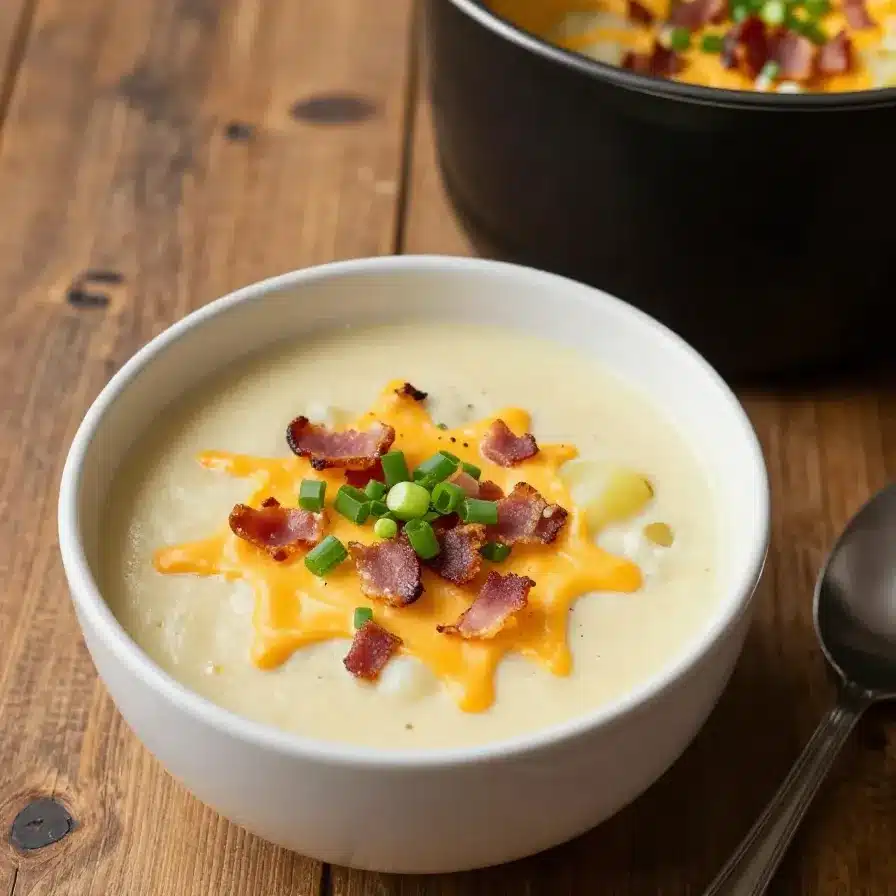 A bowl of creamy Crock Pot hash brown potato soup topped with shredded cheese and green onions.