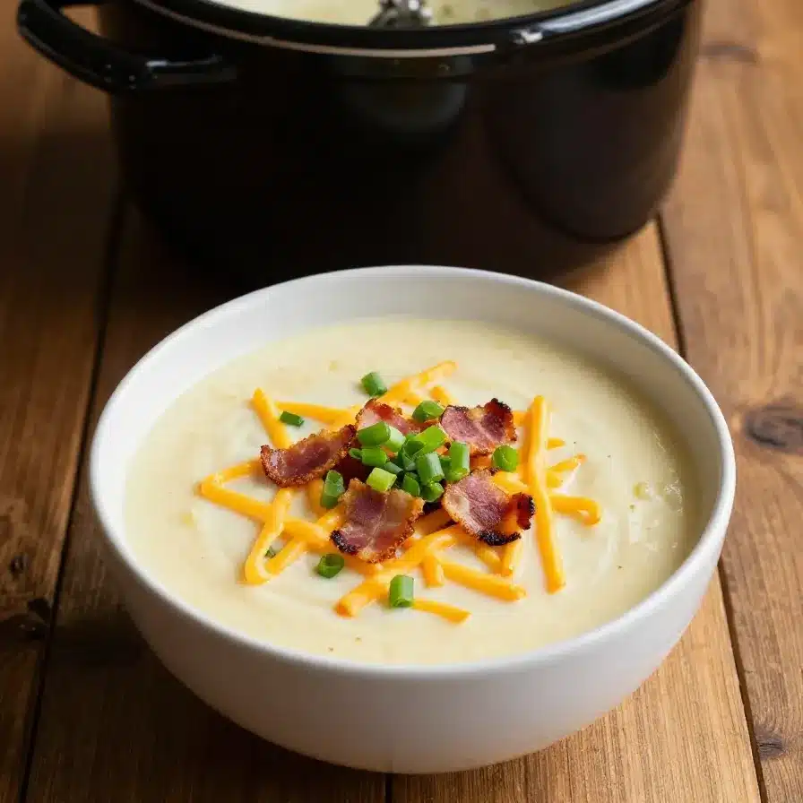 A bowl of creamy Crock Pot hash brown potato soup topped with shredded cheese and green onions.
