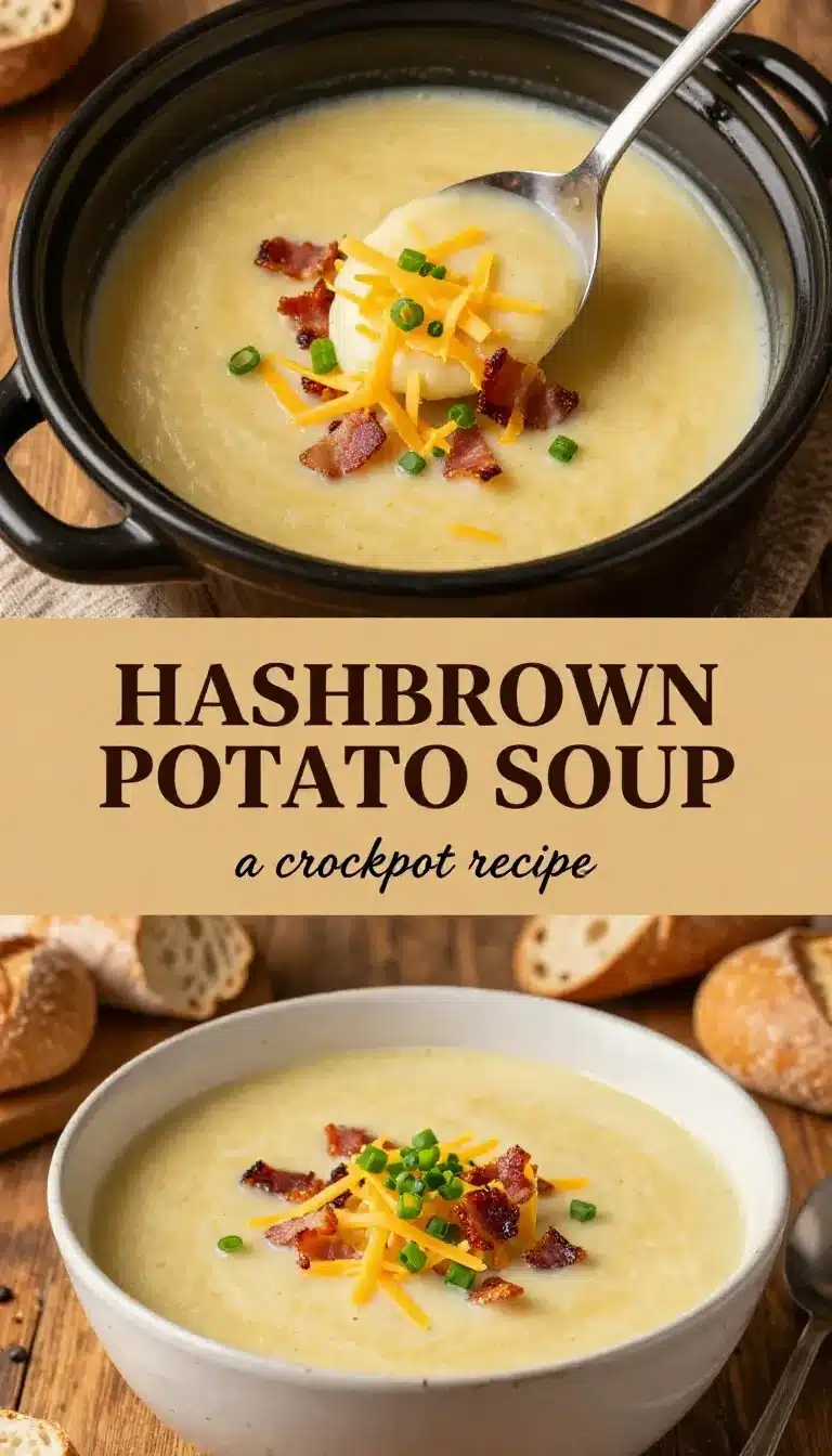 A bowl of creamy Crock Pot hash brown potato soup topped with shredded cheese and green onions.