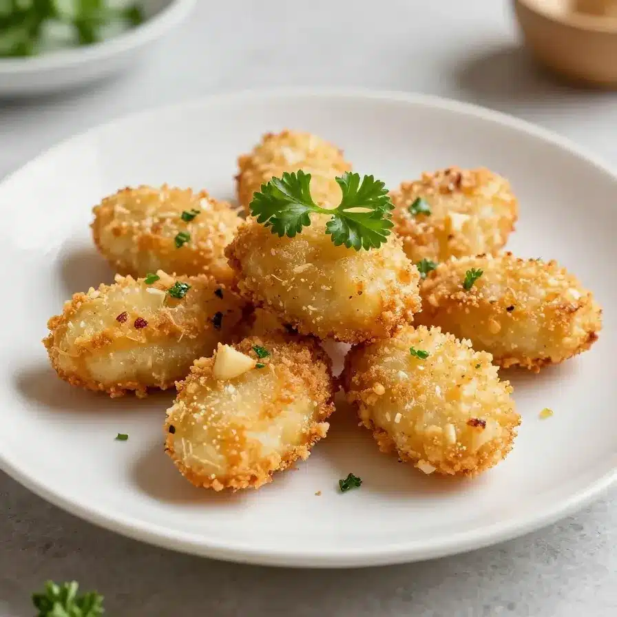Close-up of Ritz crackers topped with garlic parmesan seasoning, arranged on a party platter.