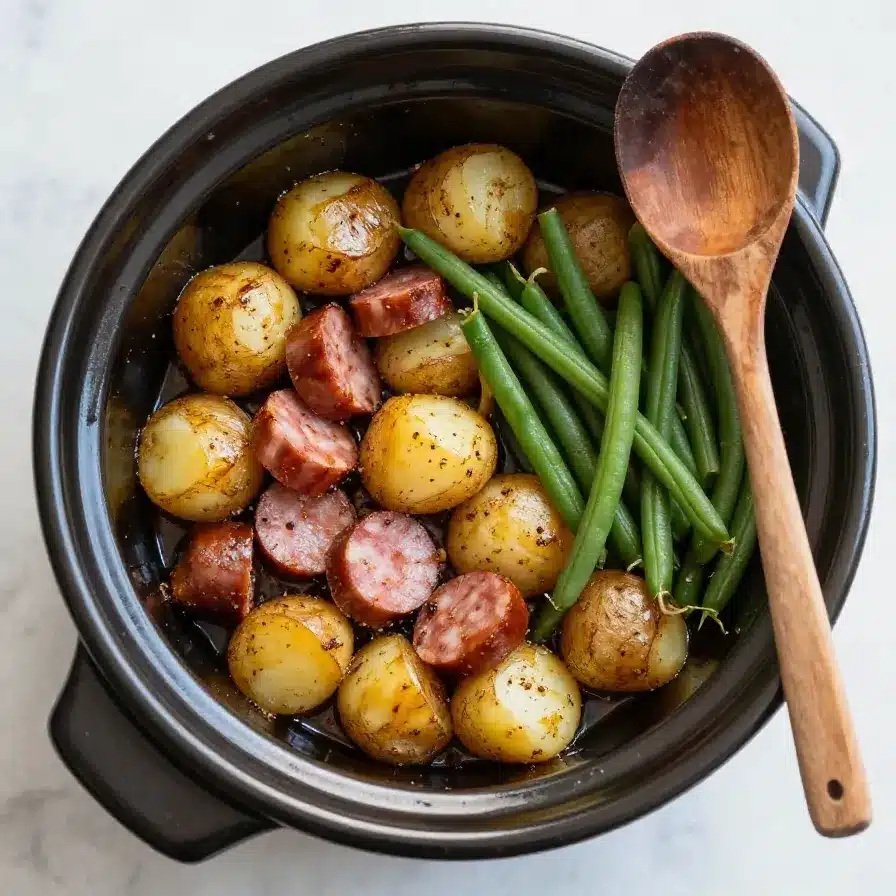 A bowl of slow-cooked swamp potatoes with sausage and green beans, garnished with fresh herbs.