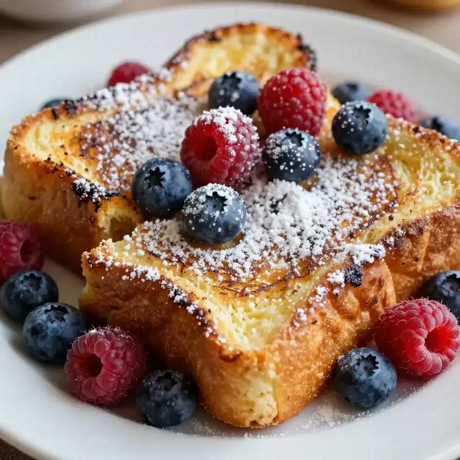 Close-up of French toast cups filled with fresh berries and drizzled with syrup on a white plate.