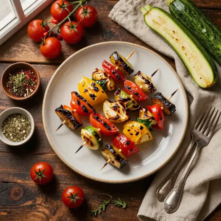 Colorful grilled vegetable skewers with bell peppers, zucchini, and mushrooms on a barbecue grill.