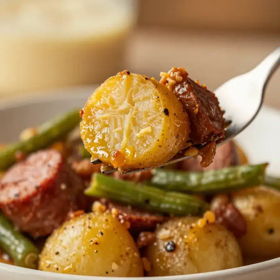 Slow Cooker Swamp Potatoes with Sausage and Green Beans 2 A bowl of slow-cooked swamp potatoes with sausage and green beans, garnished with fresh herbs.