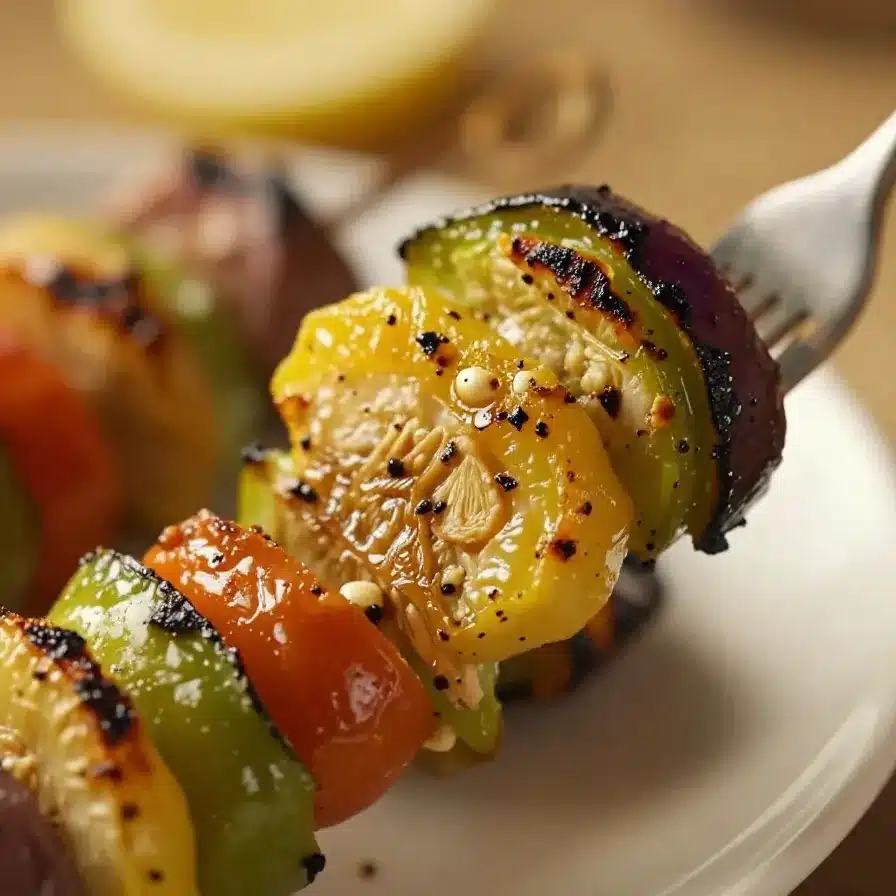 Colorful grilled vegetable skewers with bell peppers, zucchini, and mushrooms on a barbecue grill.