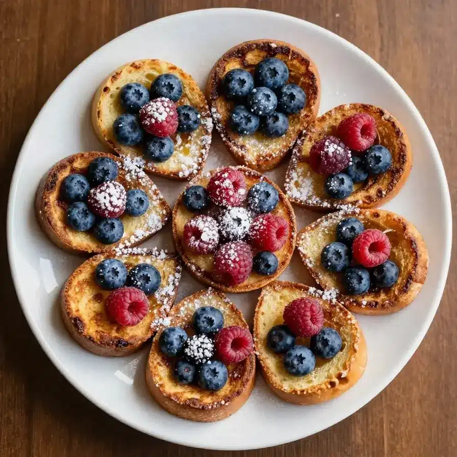 Close-up of French toast cups filled with fresh berries and drizzled with syrup on a white plate.