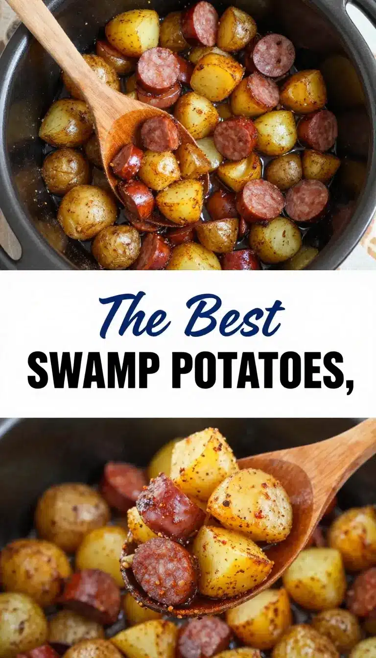 Slow Cooker Swamp Potatoes with Sausage and Green Beans 5 A bowl of slow-cooked swamp potatoes with sausage and green beans, garnished with fresh herbs.