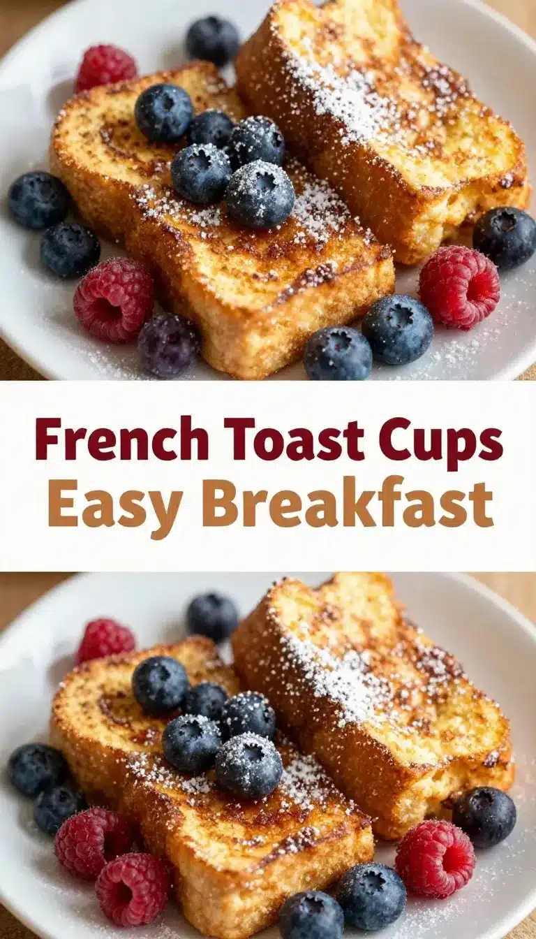 Close-up of French toast cups filled with fresh berries and drizzled with syrup on a white plate.