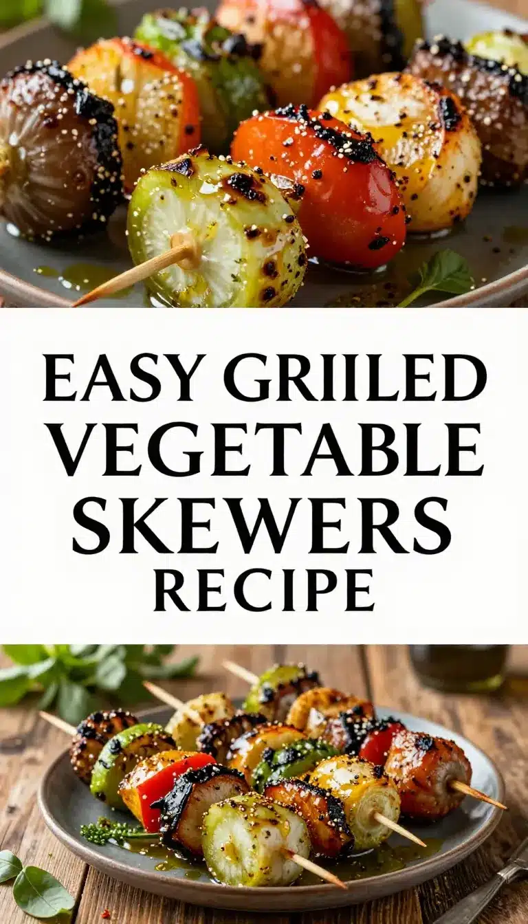 Colorful grilled vegetable skewers with bell peppers, zucchini, and mushrooms on a barbecue grill.