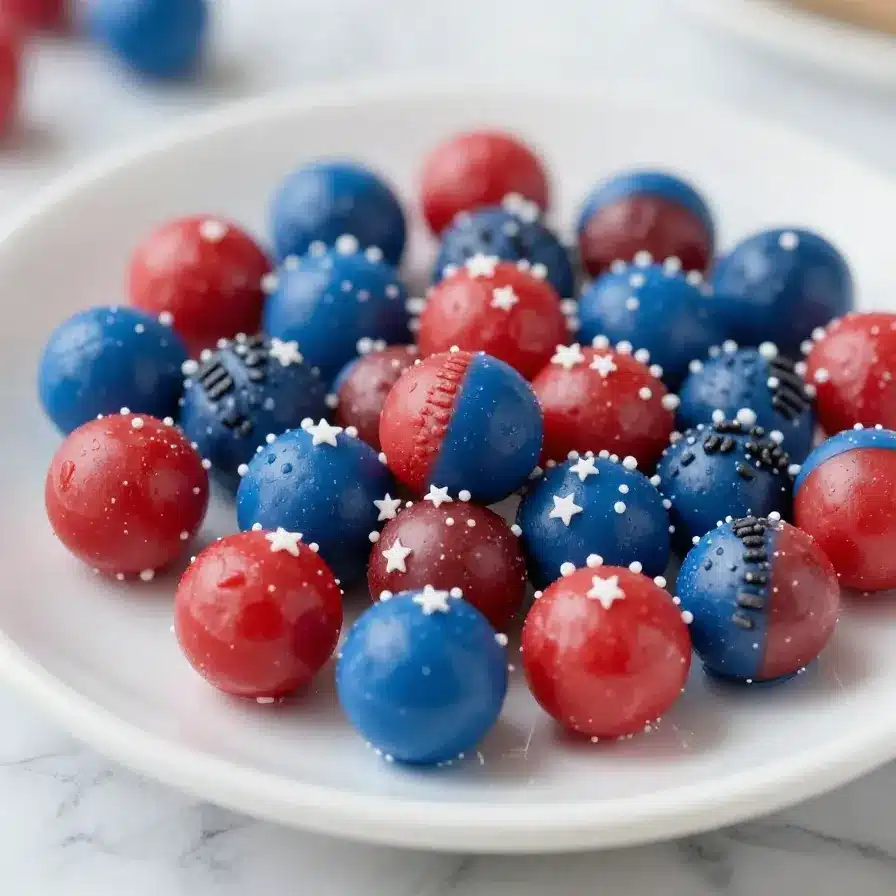 A plate of Oreo balls decorated with red, white, and blue sprinkles for a patriotic theme.