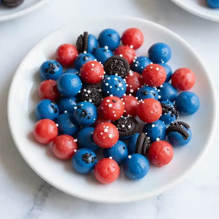 Patriotic Oreo Balls Recipe 2 A plate of Oreo balls decorated with red, white, and blue sprinkles for a patriotic theme.