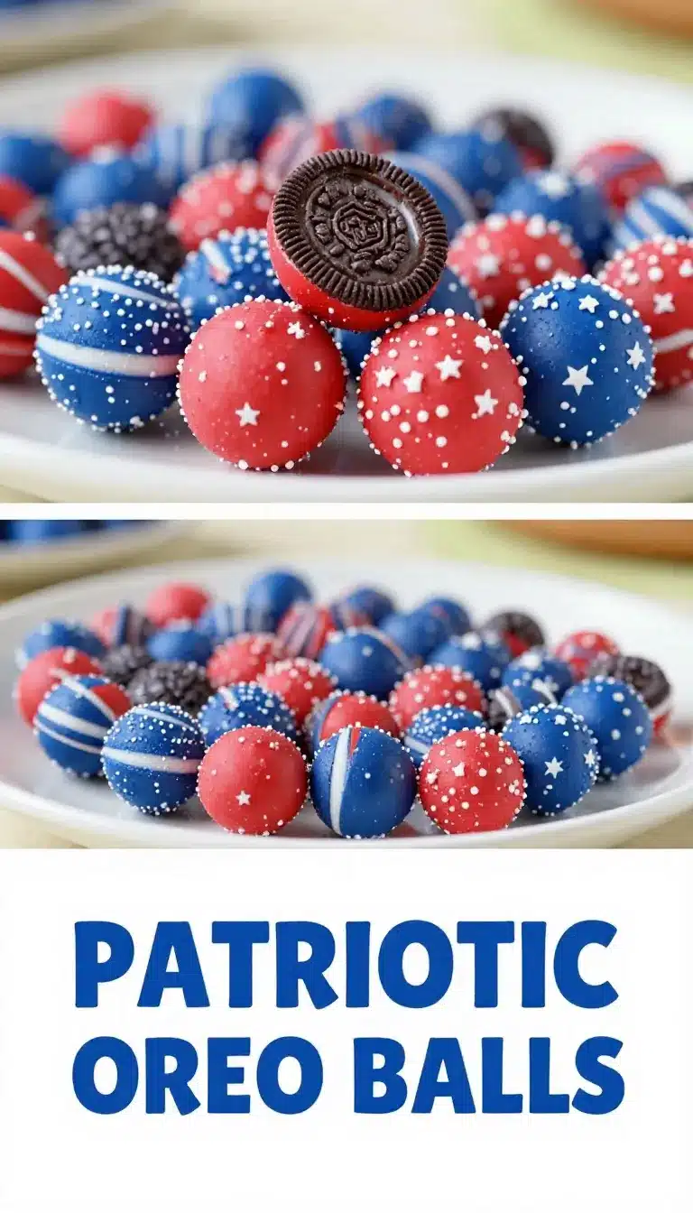 Patriotic Oreo Balls Recipe 5 A plate of Oreo balls decorated with red, white, and blue sprinkles for a patriotic theme.