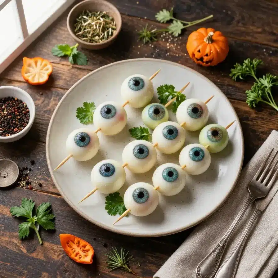 Close-up of Halloween eyeball appetizer skewers on a wooden platter.