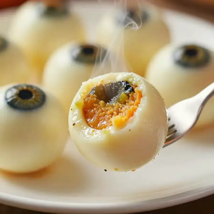 Close-up of Halloween eyeball appetizer skewers on a wooden platter.