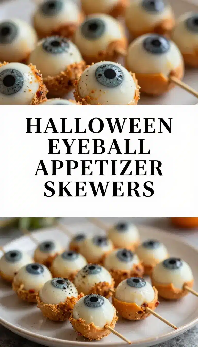 Close-up of Halloween eyeball appetizer skewers on a wooden platter.