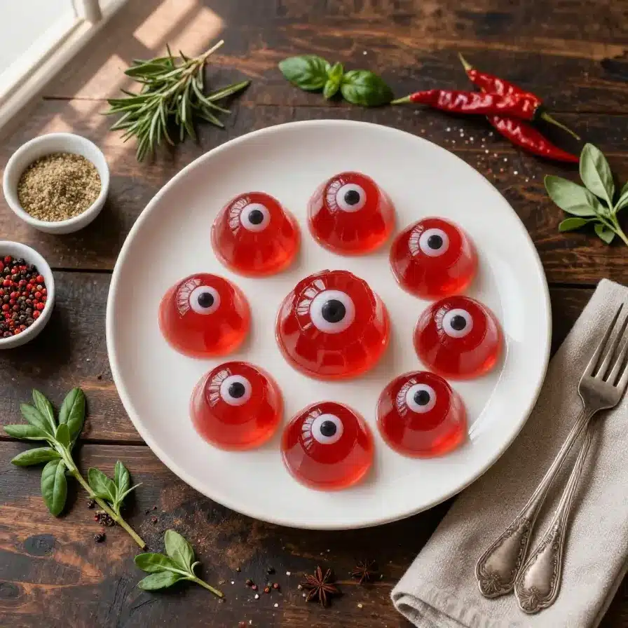 A close-up of a spooky Bloody Eyeball Jello Cup with a realistic candy eyeball floating in red gelatin.