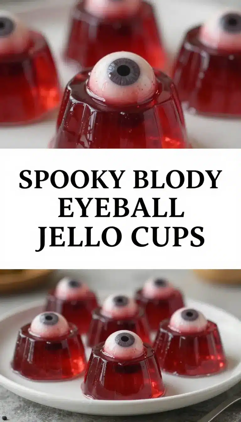 Bloody Eyeball Jello Cups 4 A close-up of a spooky Bloody Eyeball Jello Cup with a realistic candy eyeball floating in red gelatin.