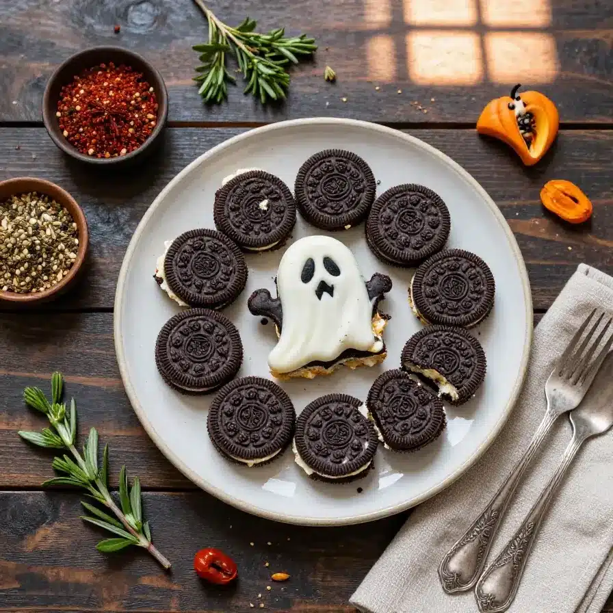Close-up of spooky Halloween Oreo bark with candy eyes and orange drizzle.