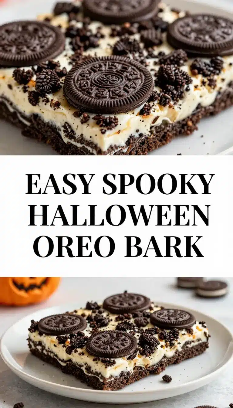 Spooky Halloween Oreo Bark 3 Close-up of spooky Halloween Oreo bark with candy eyes and orange drizzle.