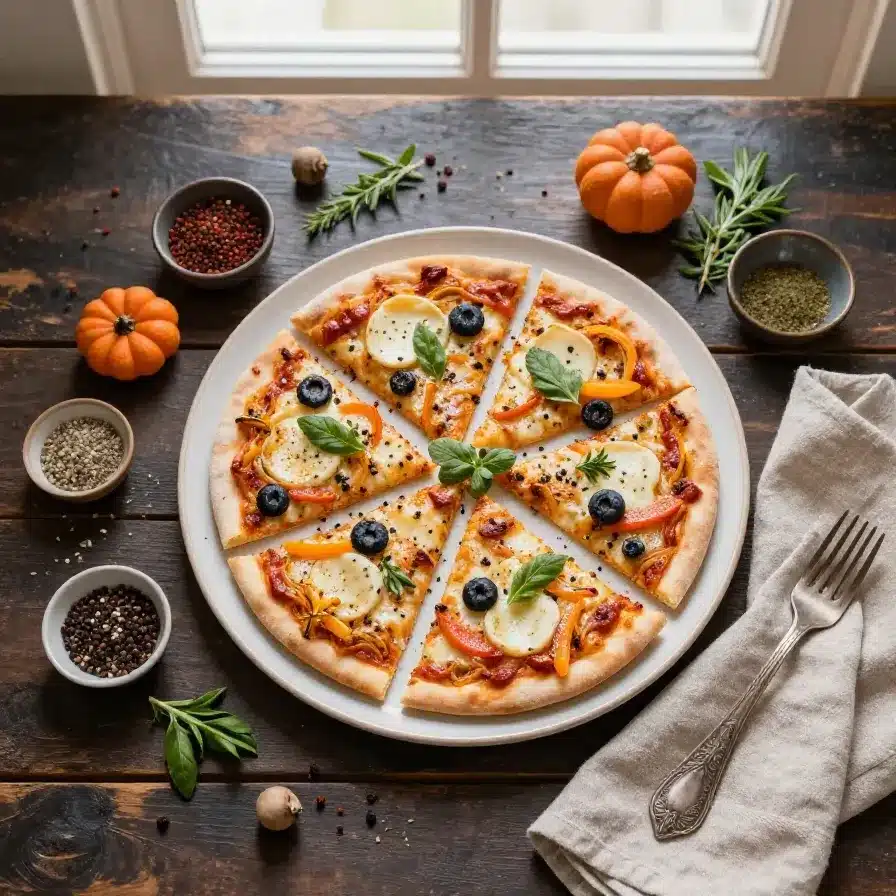 Mini pizzas shaped like Halloween-themed designs, including pumpkins and ghosts, on a wooden table.