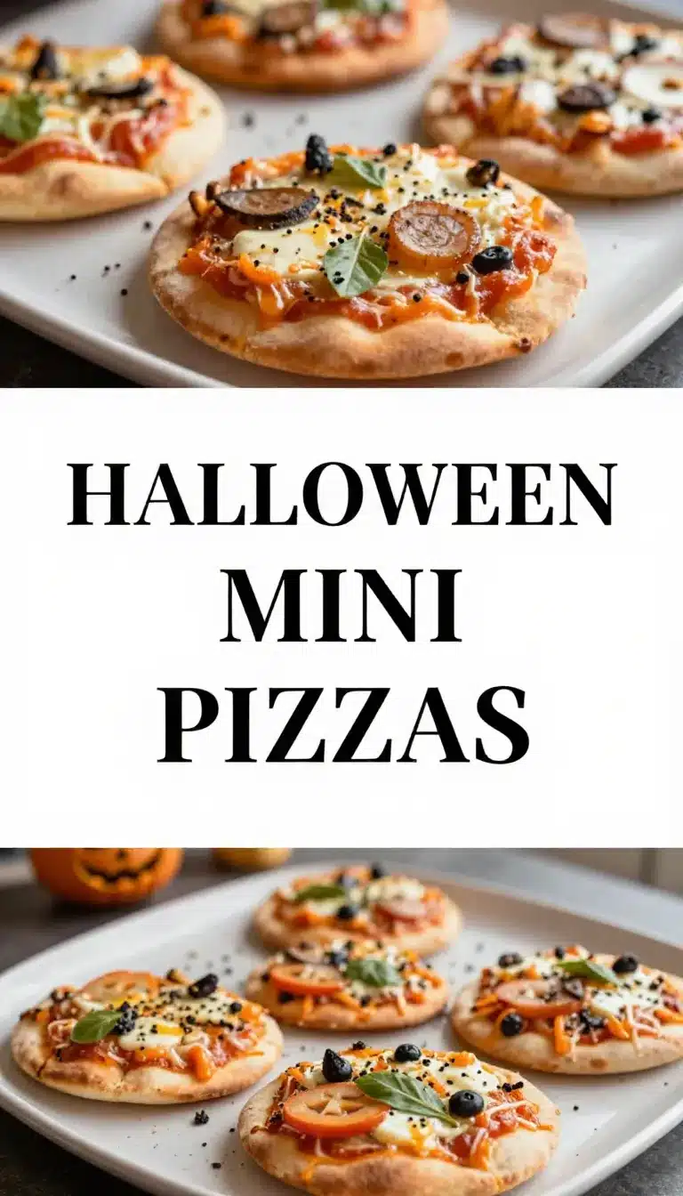 Mini pizzas shaped like Halloween-themed designs, including pumpkins and ghosts, on a wooden table.