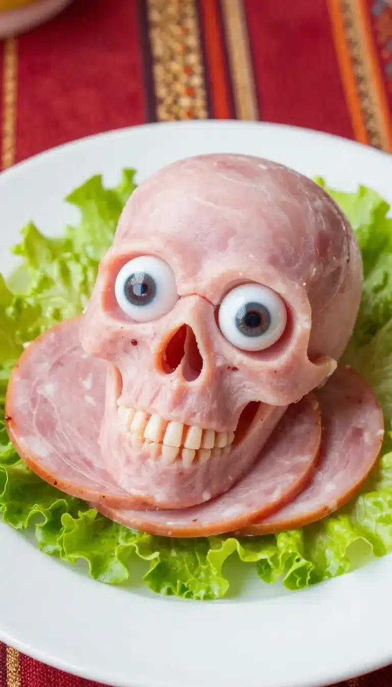 Boo Halloween Salad 3 A spooky Halloween-themed salad arranged to look like a ghost with fresh vegetables and cheese.