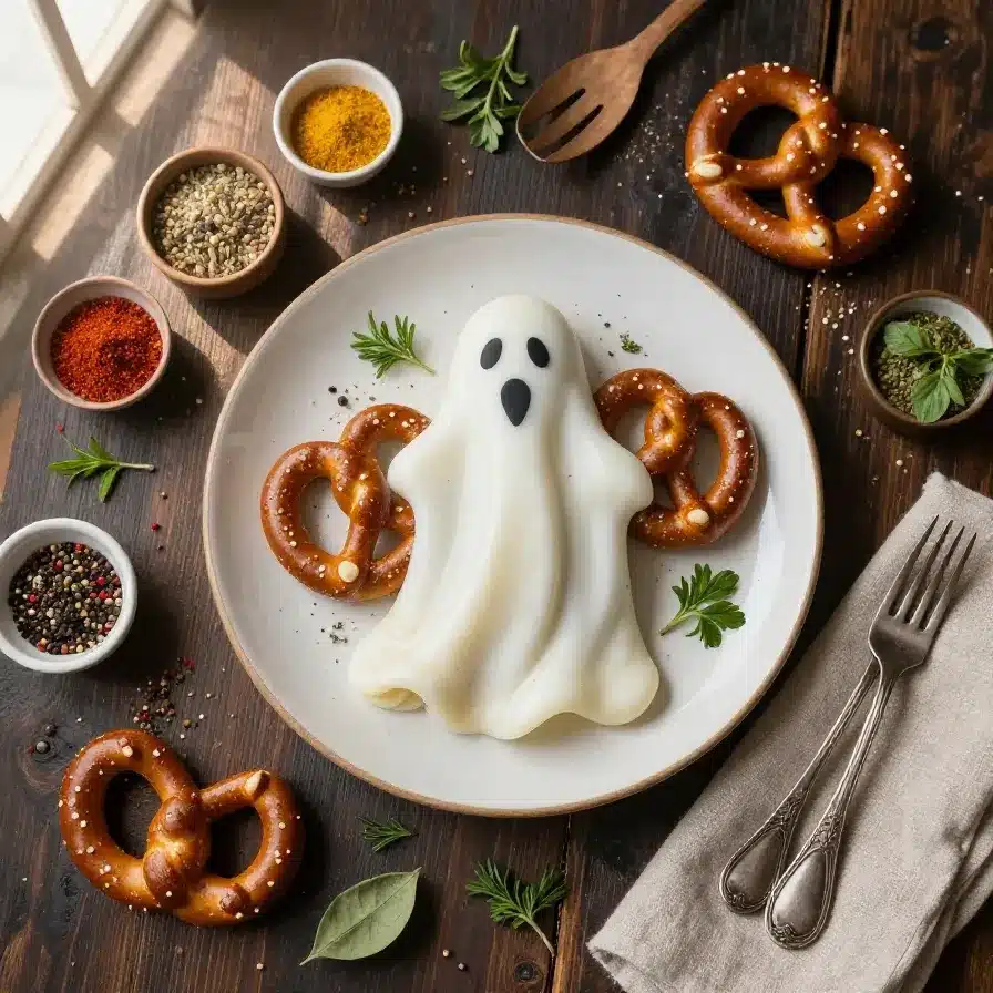 A plate of ghost-shaped pretzels decorated with white icing and candy eyes.