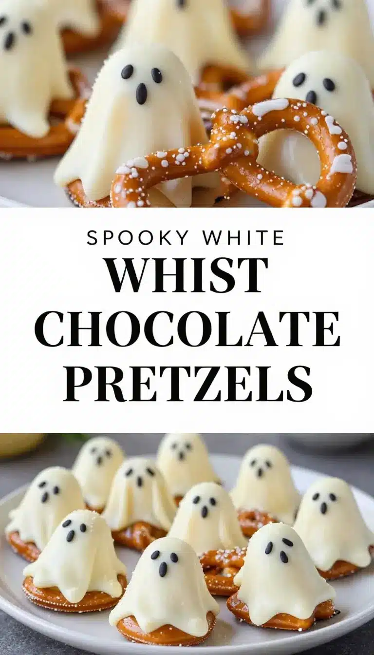 Ghost Pretzels 4 A plate of ghost-shaped pretzels decorated with white icing and candy eyes.