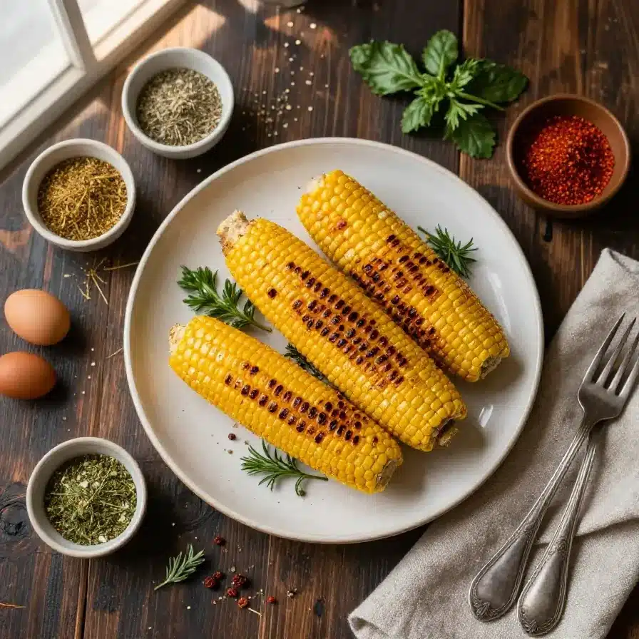 Close-up of grilled corn seasoned with Blé d’indes seasoning on a wooden plate