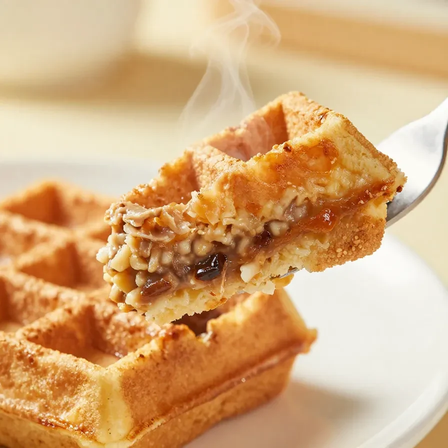 A delicious waffle iron Reuben sandwich with melted cheese and sauerkraut