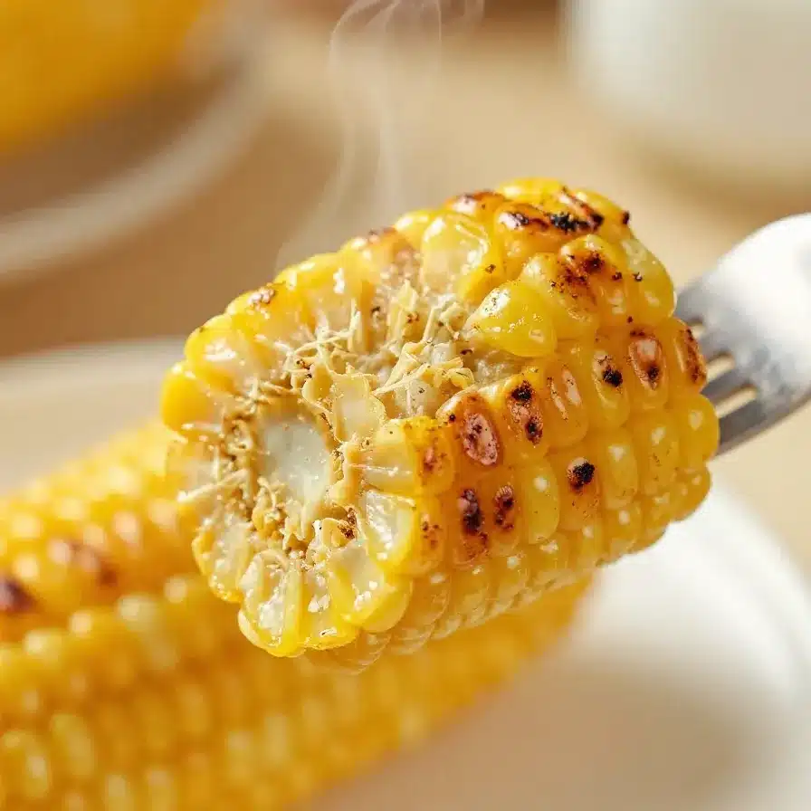 Close-up of grilled corn seasoned with Blé d’indes seasoning on a wooden plate