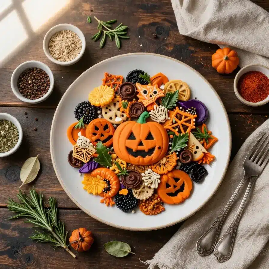 A festive bowl of Halloween snack mix featuring pretzels, candy corn, chocolate, and nuts.