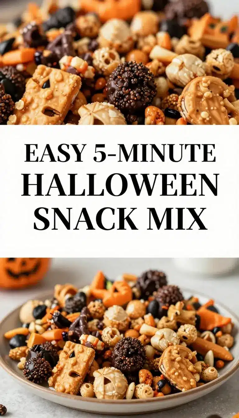 5-Minute Halloween Snack Mix 4 A festive bowl of Halloween snack mix featuring pretzels, candy corn, chocolate, and nuts.