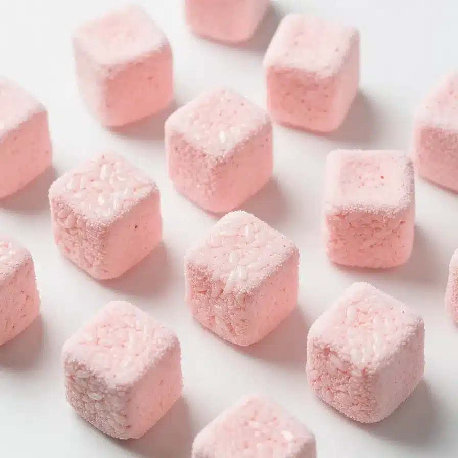 Close-up of Marshmallow Rice Krispie treats shaped like brains on a wooden table.