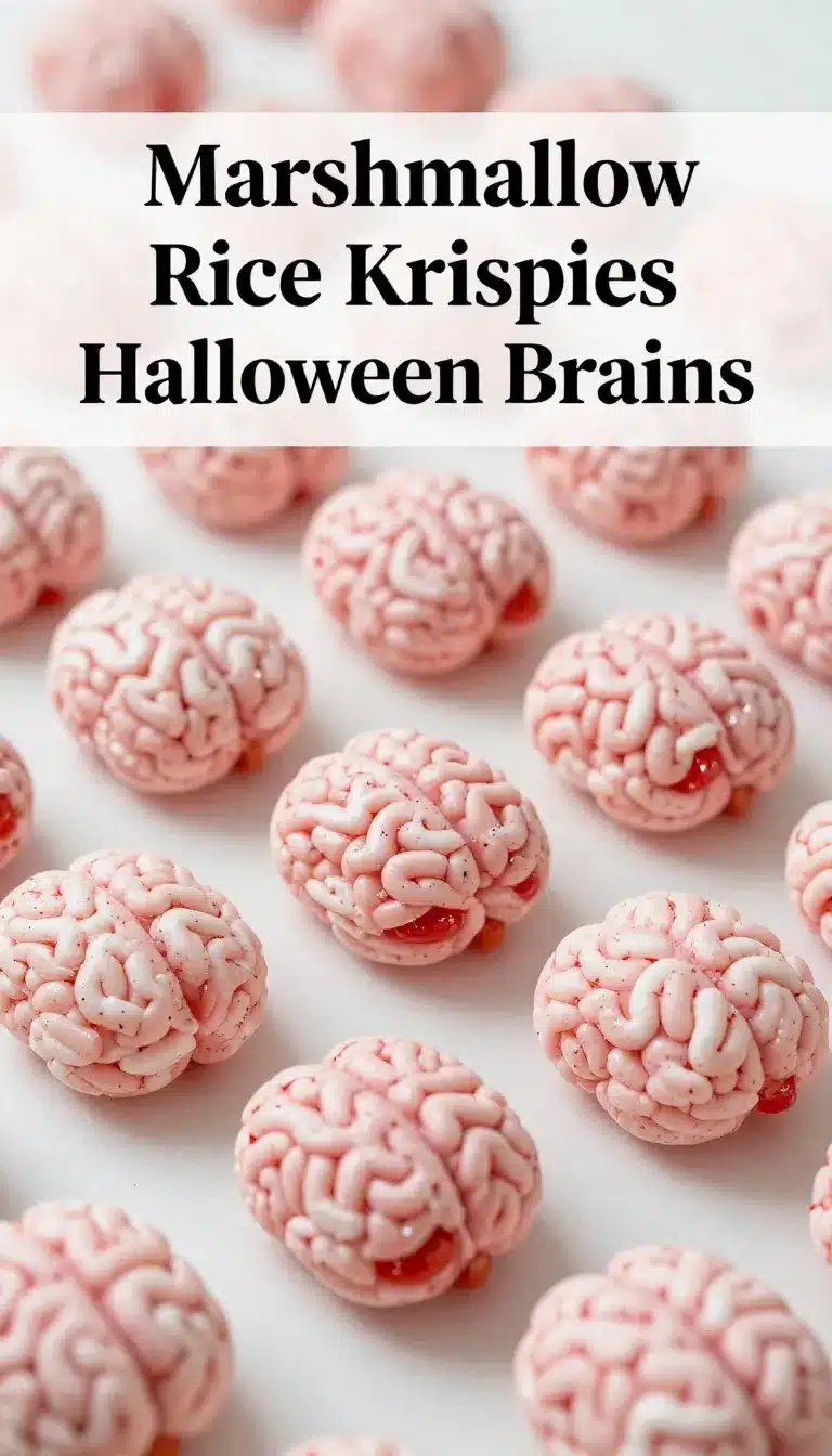 Marshmallow Rice Krispie Brains 4 Close-up of Marshmallow Rice Krispie treats shaped like brains on a wooden table.