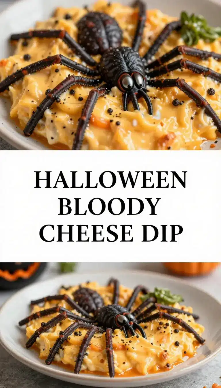 Bloody Spider Cheese Dip 3 A spooky Bloody Spider Cheese Dip served in a black bowl, decorated with a spider-shaped topping.