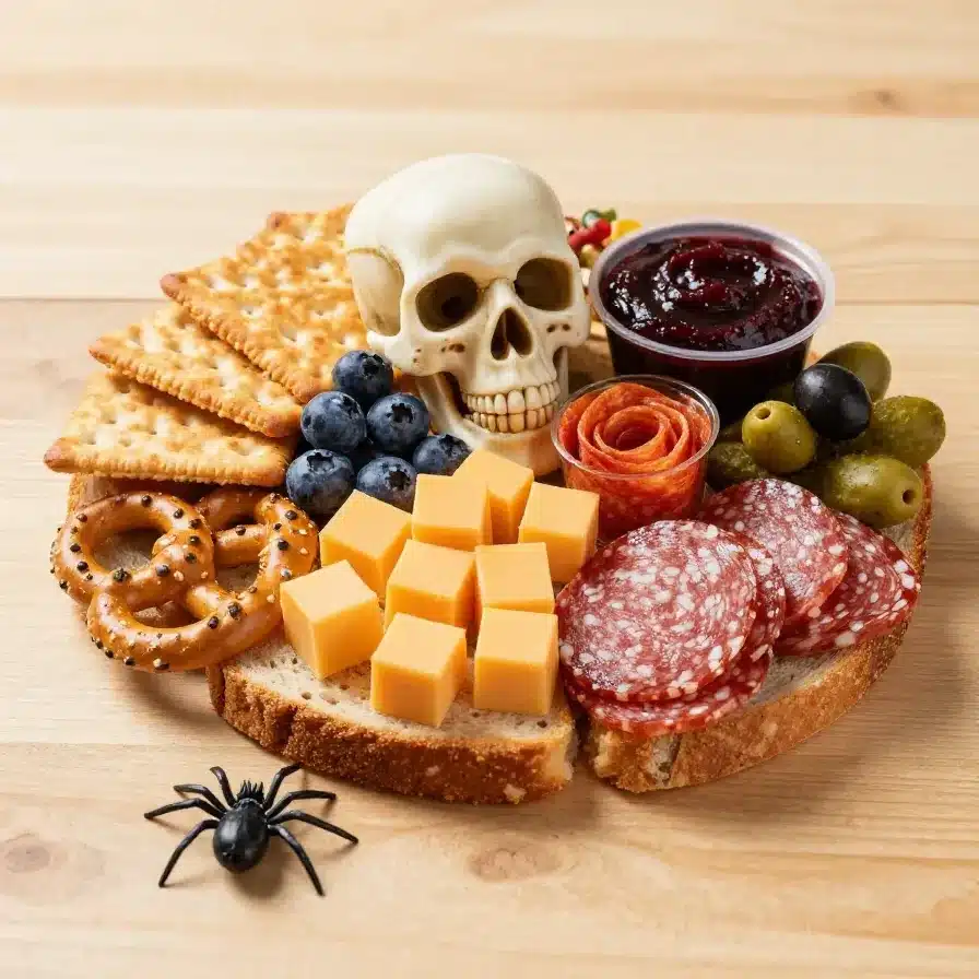 A spooky charcuterie board featuring Halloween-themed snacks like ghost-shaped cookies, bat-shaped cheese, and pumpkin slices.