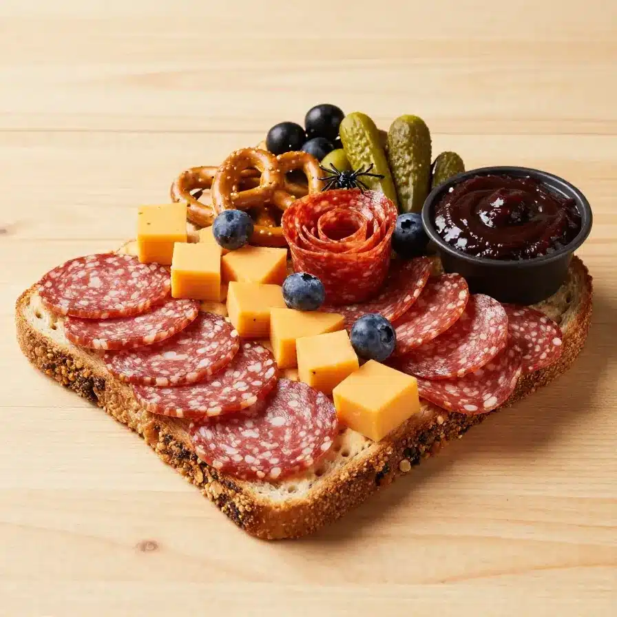 Spooky Charcuterie Board 2 A spooky charcuterie board featuring Halloween-themed snacks like ghost-shaped cookies, bat-shaped cheese, and pumpkin slices.