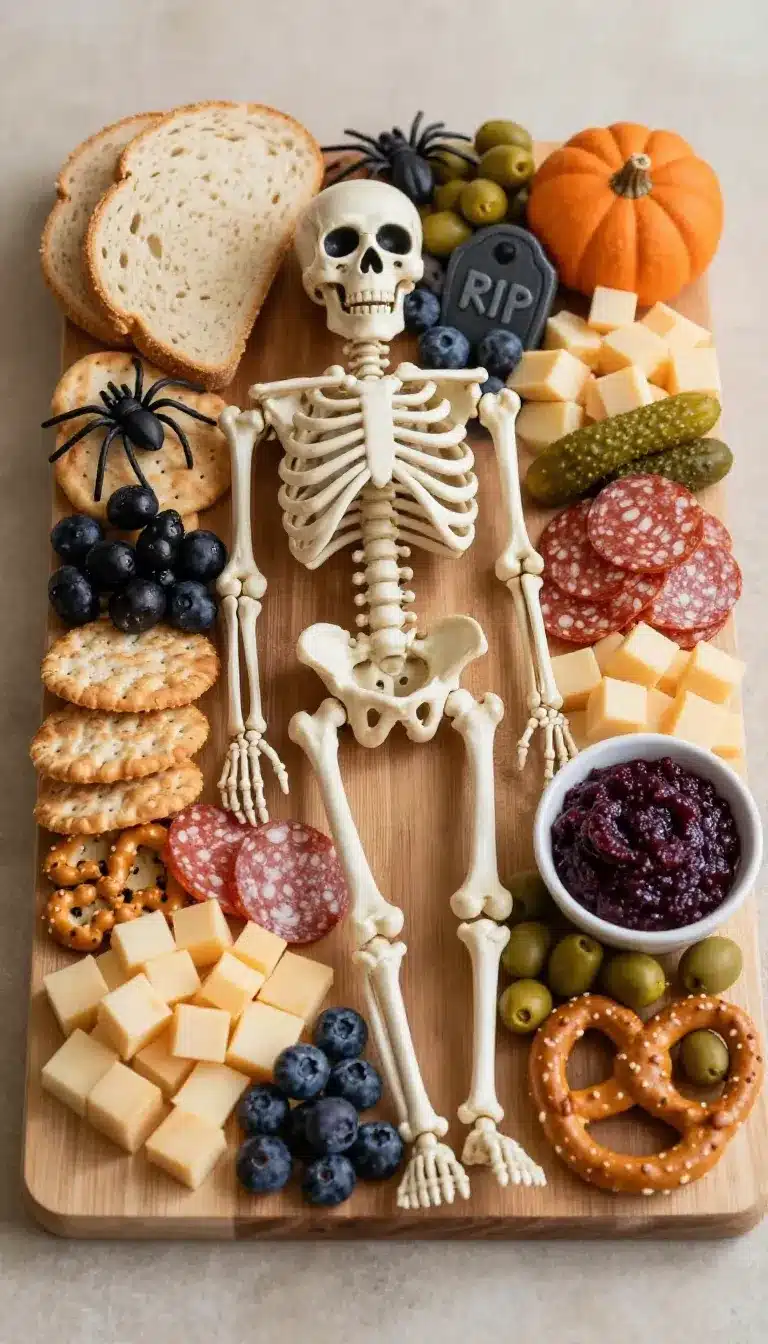 Spooky Charcuterie Board 5 A spooky charcuterie board featuring Halloween-themed snacks like ghost-shaped cookies, bat-shaped cheese, and pumpkin slices.