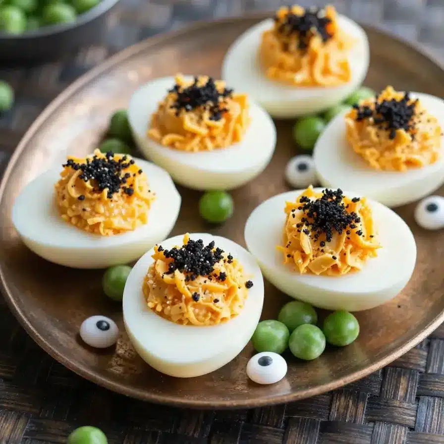 A plate of spooky Halloween-themed deviled eggs decorated with creepy designs.