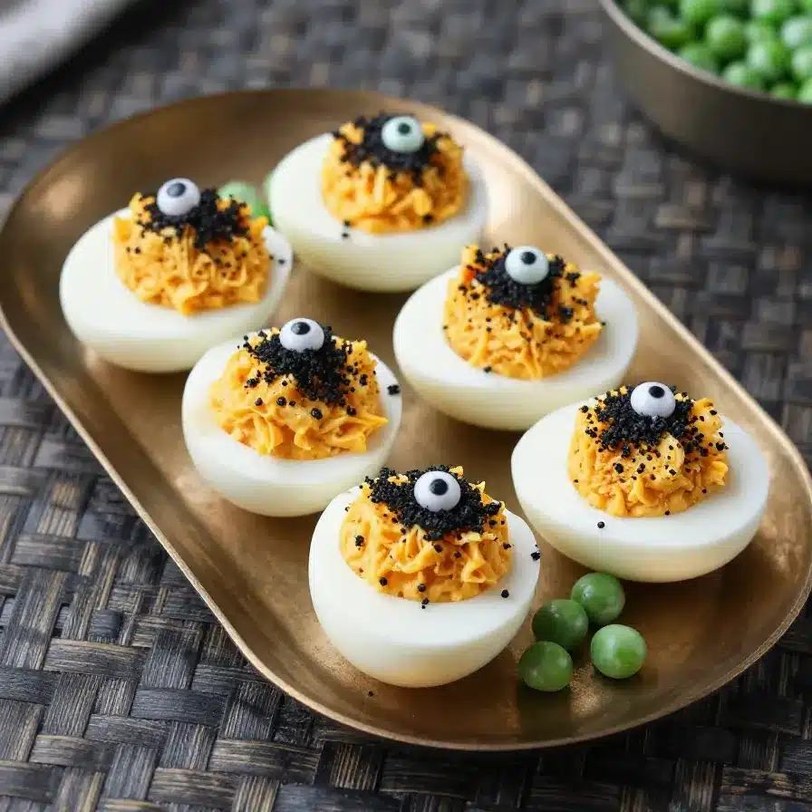 Spooky Halloween Deviled Eggs 2 A plate of spooky Halloween-themed deviled eggs decorated with creepy designs.