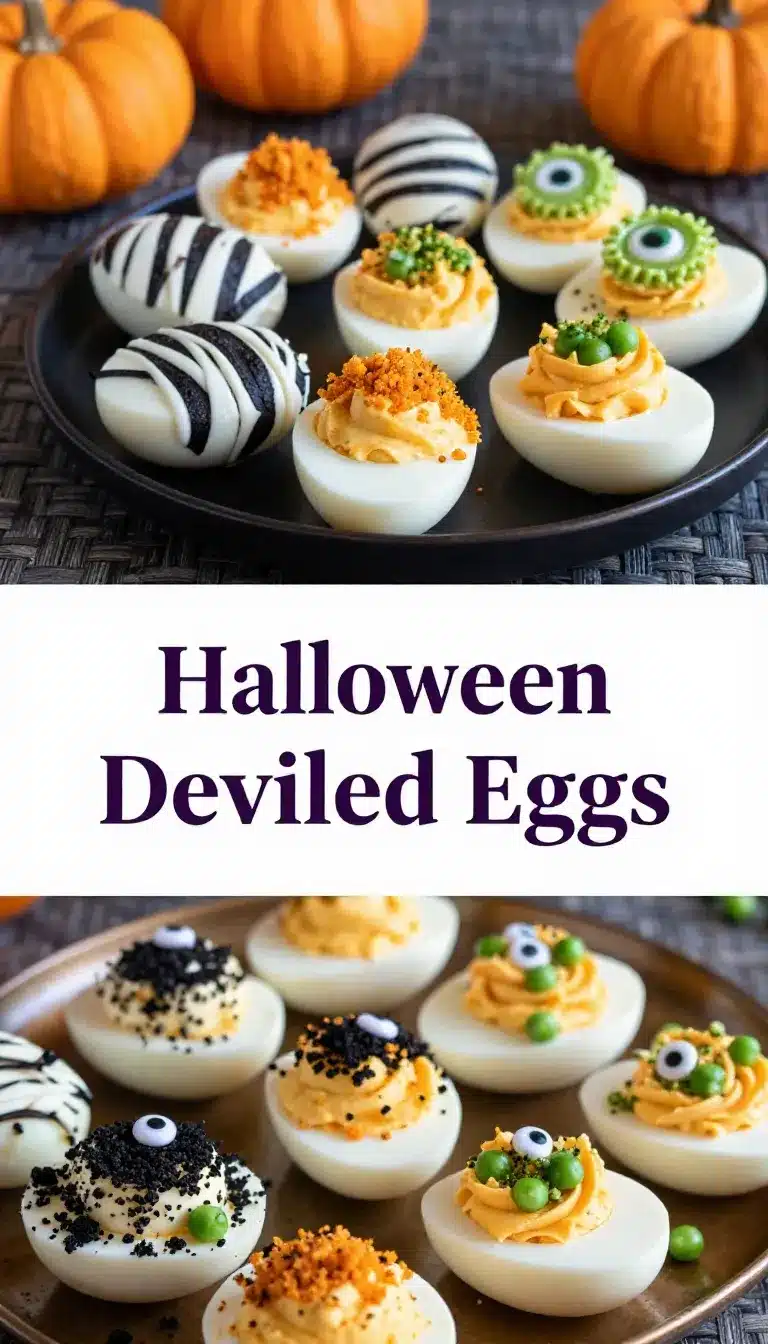 Spooky Halloween Deviled Eggs 5 A plate of spooky Halloween-themed deviled eggs decorated with creepy designs.