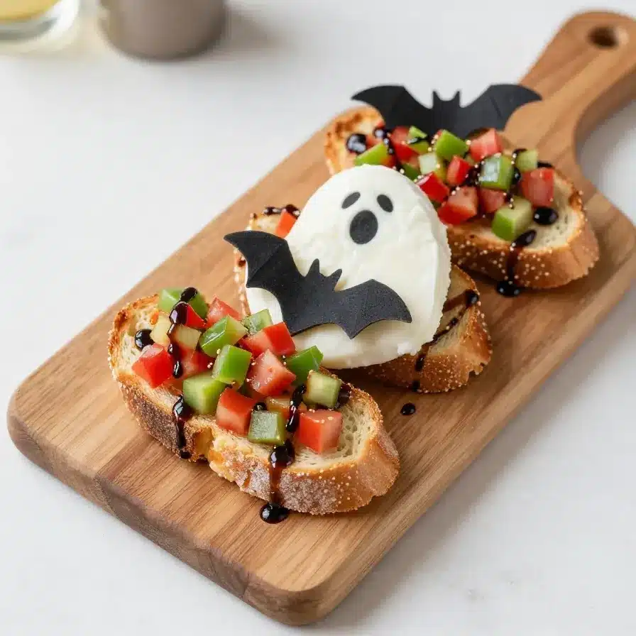 A plate of ghost-shaped bruschetta appetizers decorated with white mozzarella and black olive eyes.