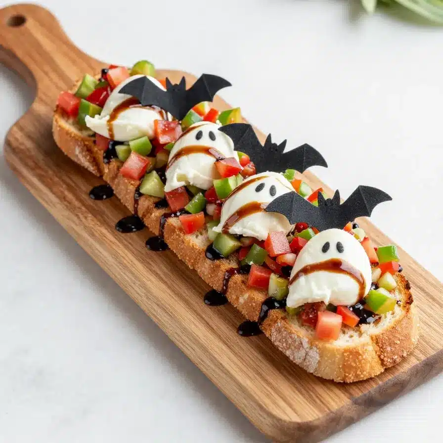 Boo-schetta Ghost Appetizers 2 A plate of ghost-shaped bruschetta appetizers decorated with white mozzarella and black olive eyes.