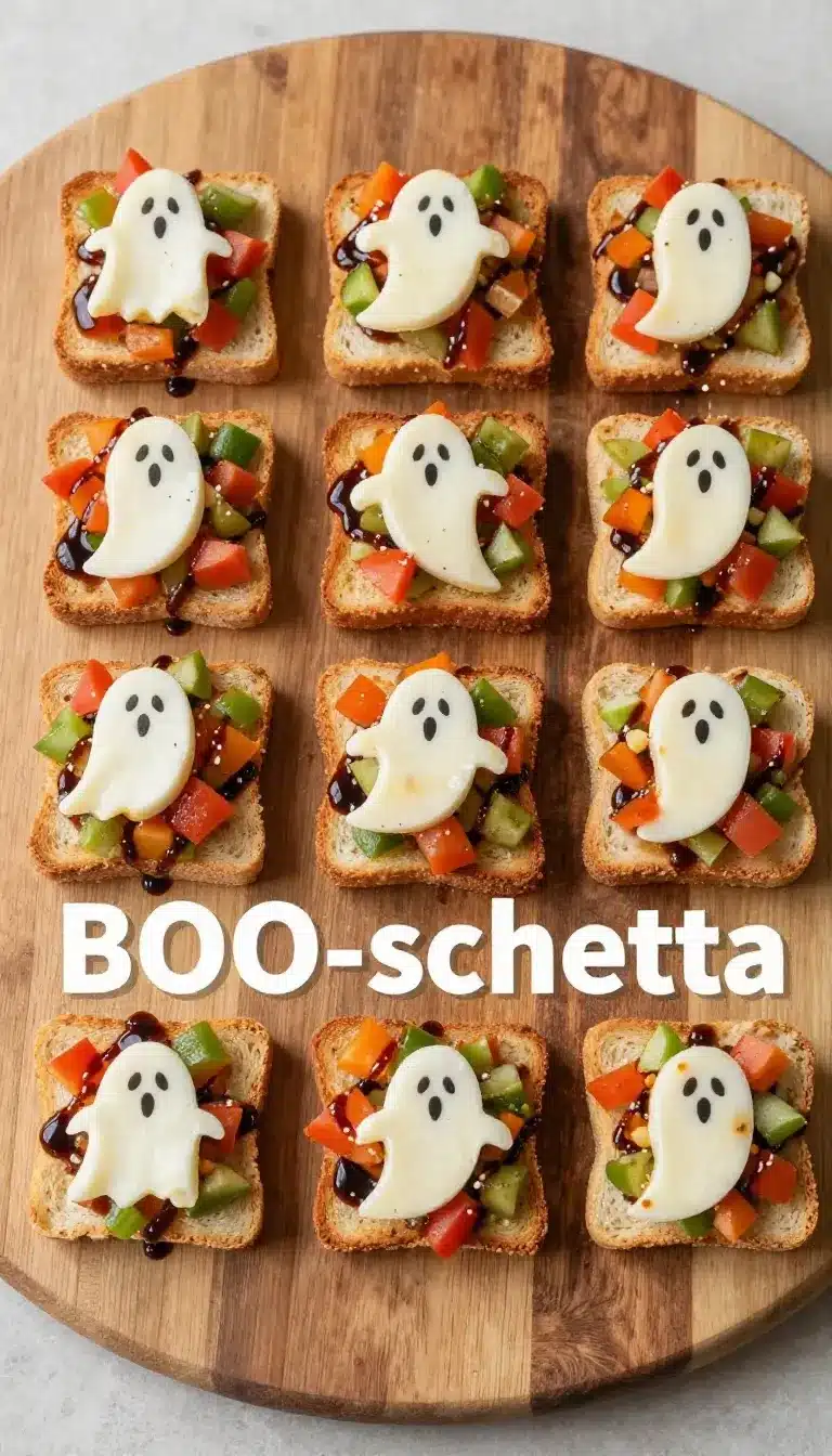 Boo-schetta Ghost Appetizers 5 A plate of ghost-shaped bruschetta appetizers decorated with white mozzarella and black olive eyes.