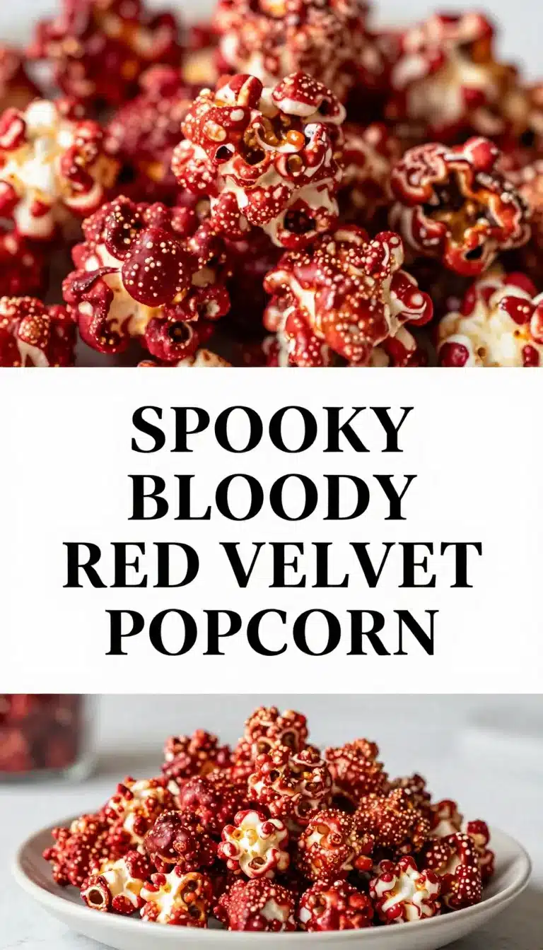 Bloody Red Velvet Popcorn 5 A bowl of bloody red velvet popcorn with a dramatic appearance.